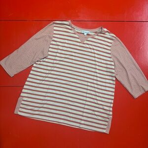 SOUTHERN LADY OATMEAL AND RUST 3/4 sleeve pull on stretchy striped top